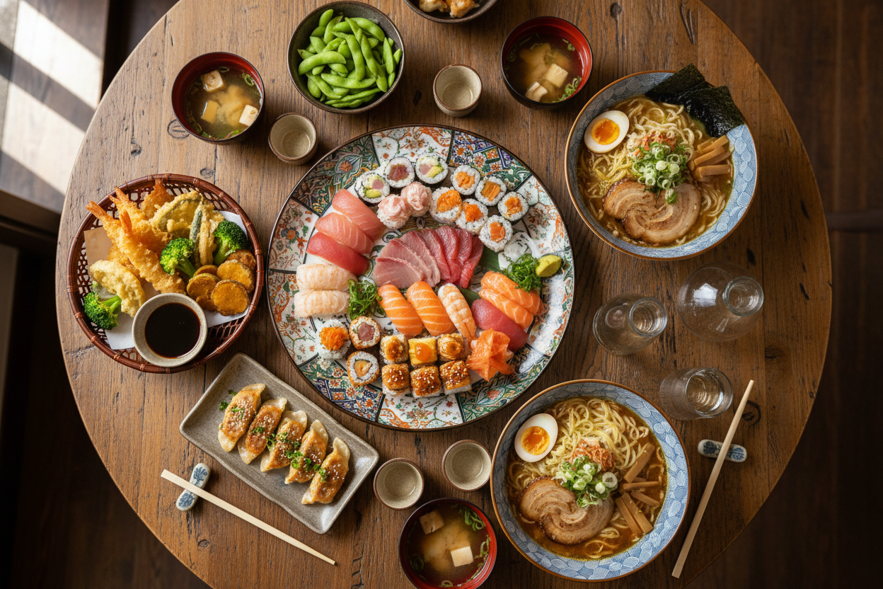 a birds eye view of a table with various plates of japanese dishes such as sushi, ramen etc